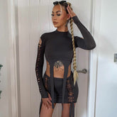 Hollow Out Tassel Long Sleeve Crop Tops 2 Pieces Skirt Set